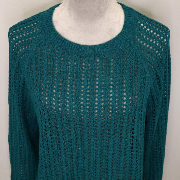 J Jill Sweater Womens Small Green Open Knit Stretch Raglan Sleeves Pullover - Picture 7 of 11